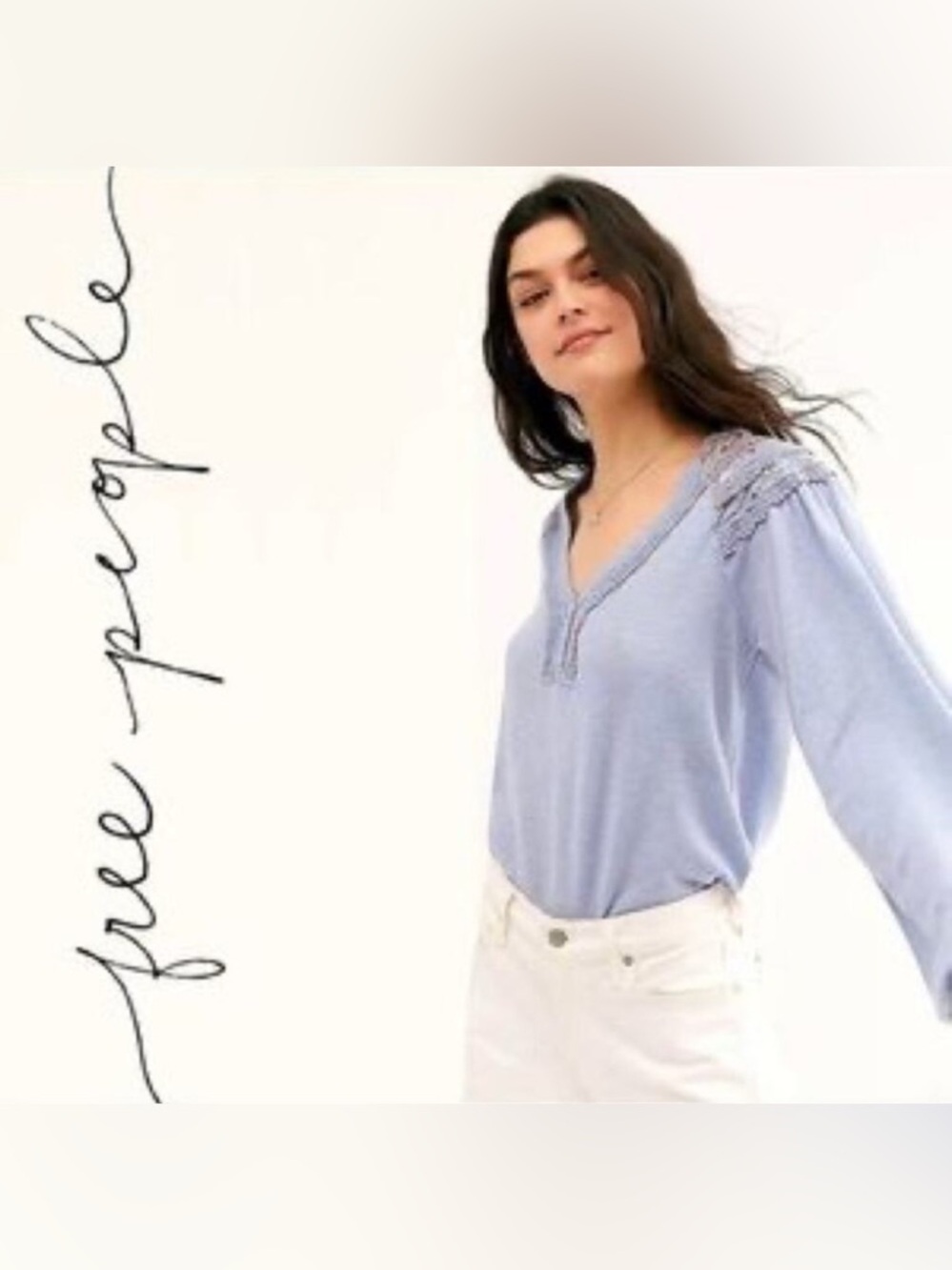 Free People Dreamy Clouds Siesta Fiesta Powder Blue V-Neck Crochet Shoulder Top